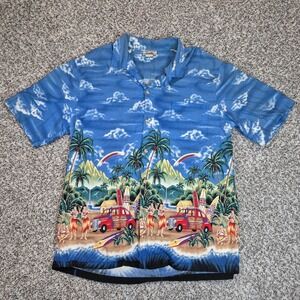 Evergreen Island Mens Hawaiian Aloha Shirt Blue Beach Woody Car Hula Made Hawaii